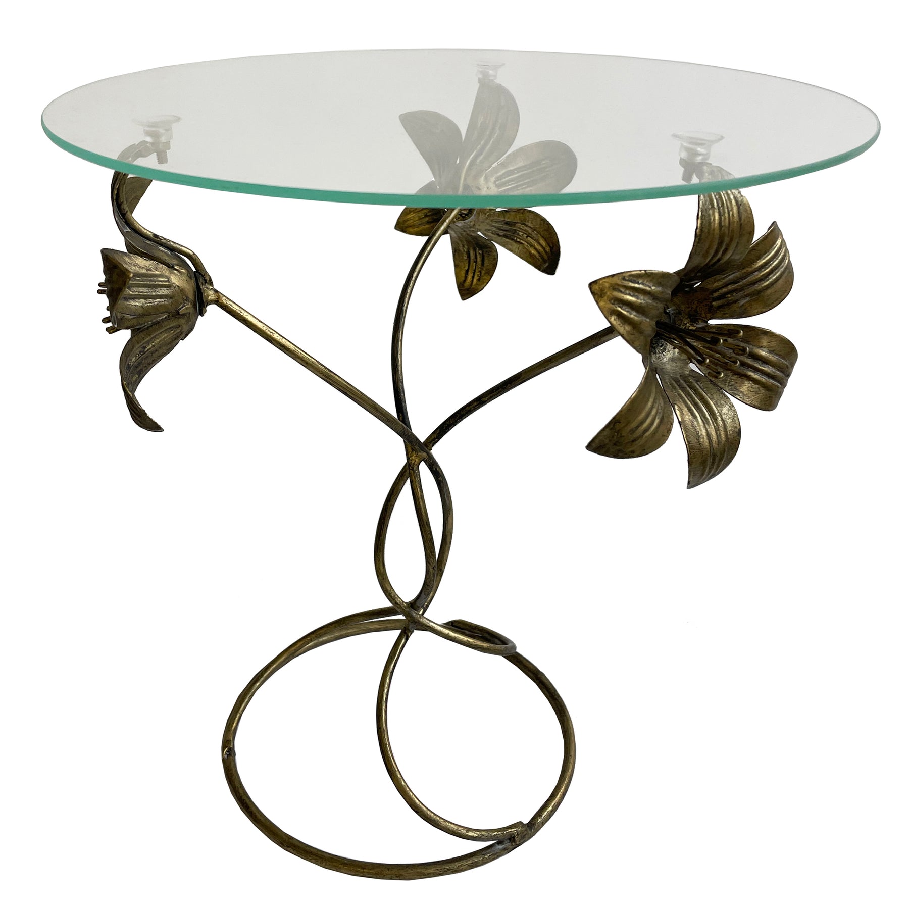 GLASS TABLE WITH METAL LILIES HOME DECOR